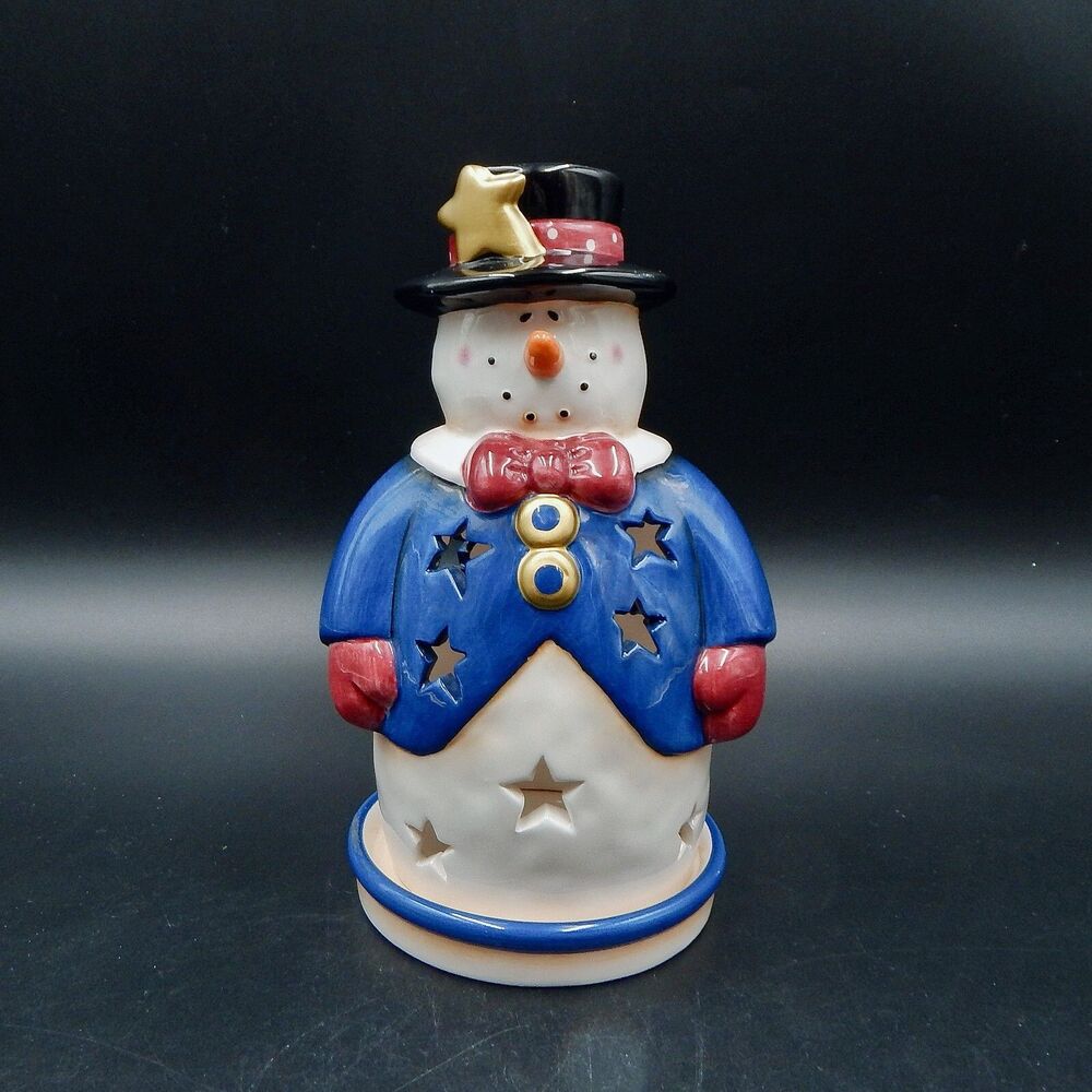 Home Interiors Ceramic Snowman Tealight Candle Holder Under Plate Luminary 9 In
